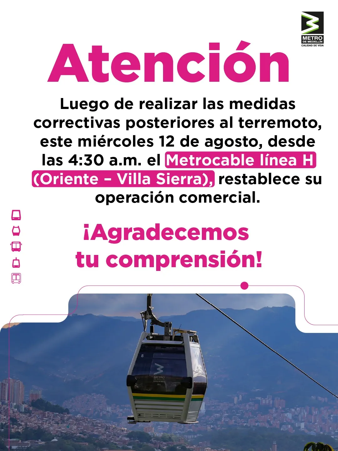 Metro de Medellín restableció operación del Metrocable Línea H tras medidas correctivas por el terremoto