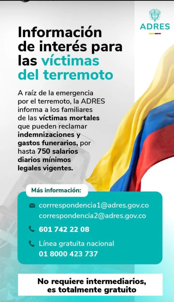 ADRES informa a familias de víctimas del terremoto sobre indemnizaciones y gastos funerarios