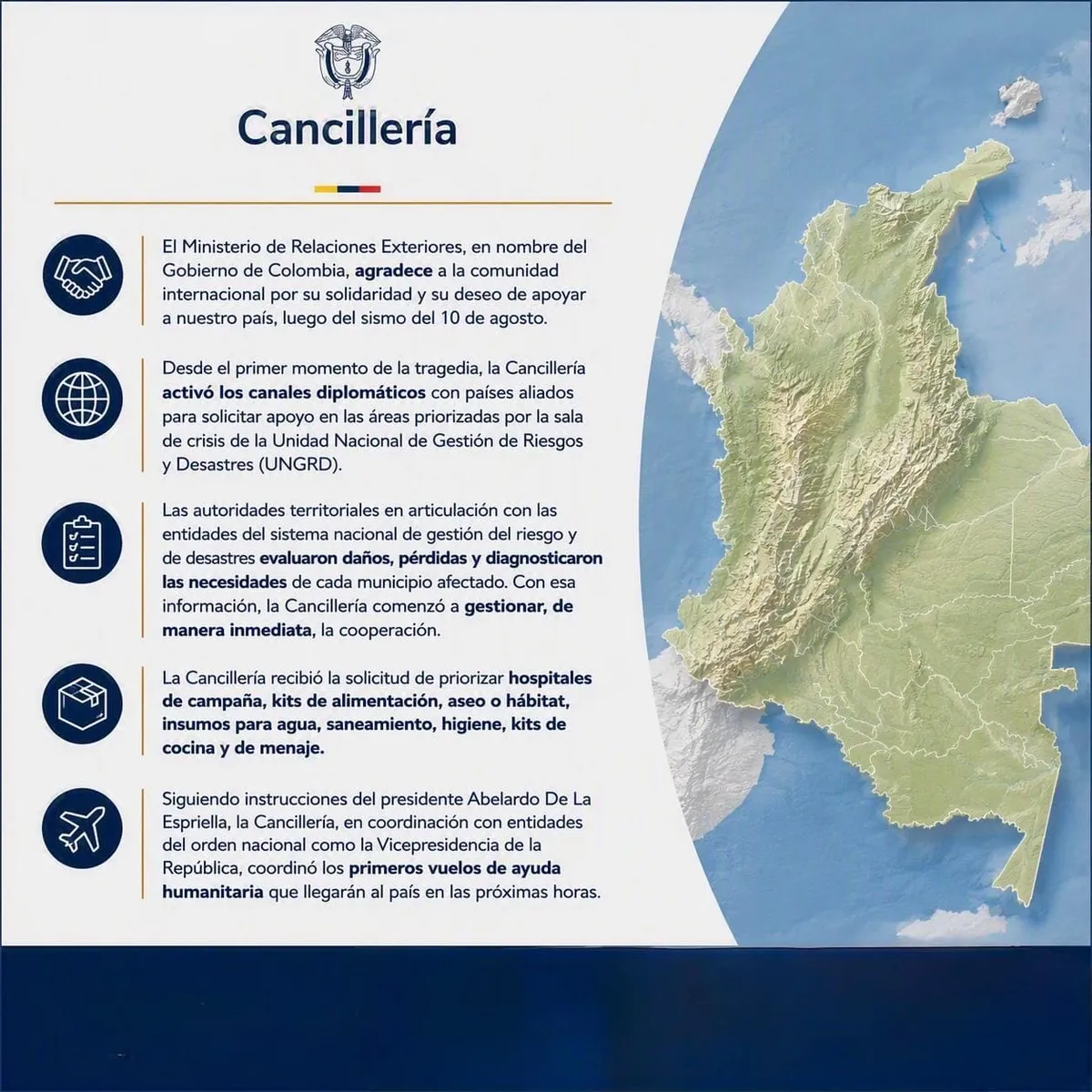 Colombia activó cooperación internacional tras el terremoto del 10 de agosto 
