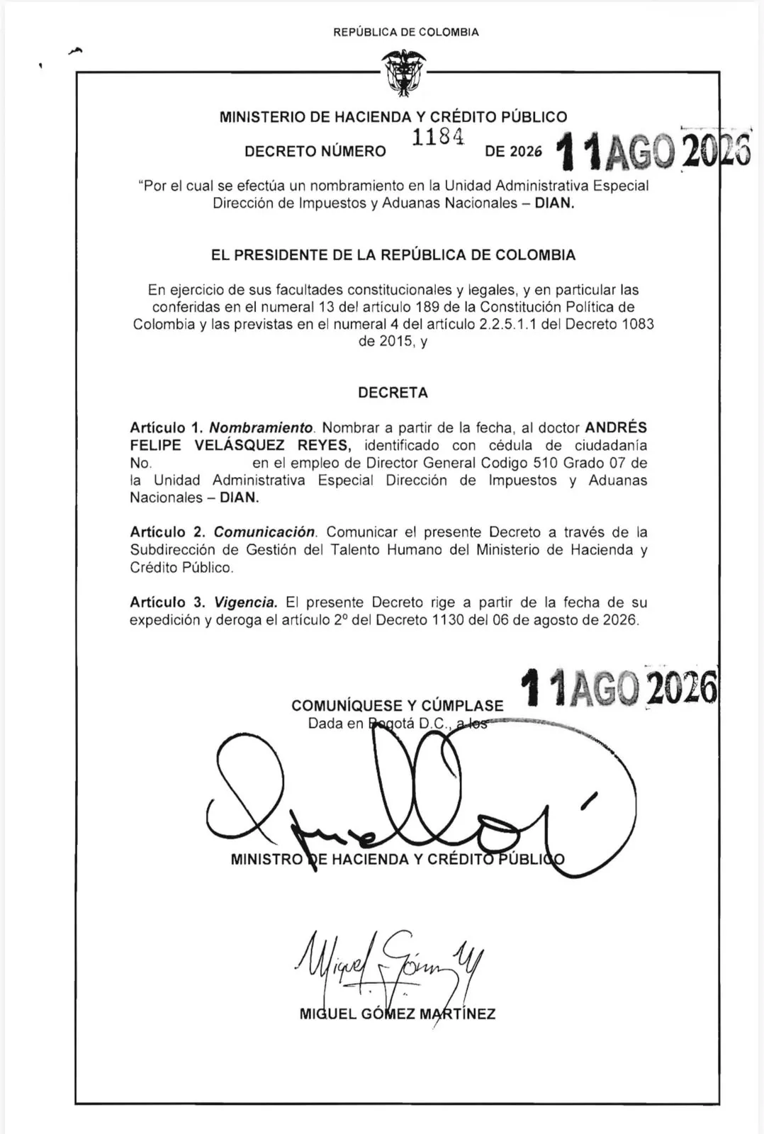 Gobierno Nacional nombra a Andrés Felipe Velásquez Reyes como nuevo director de la DIAN