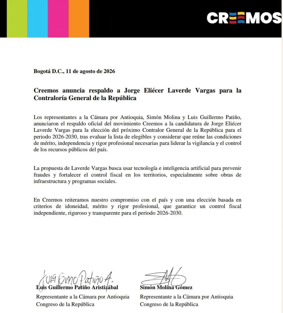 Creemos anunció respaldo a Jorge Eliécer Laverde Vargas para la Contraloría General