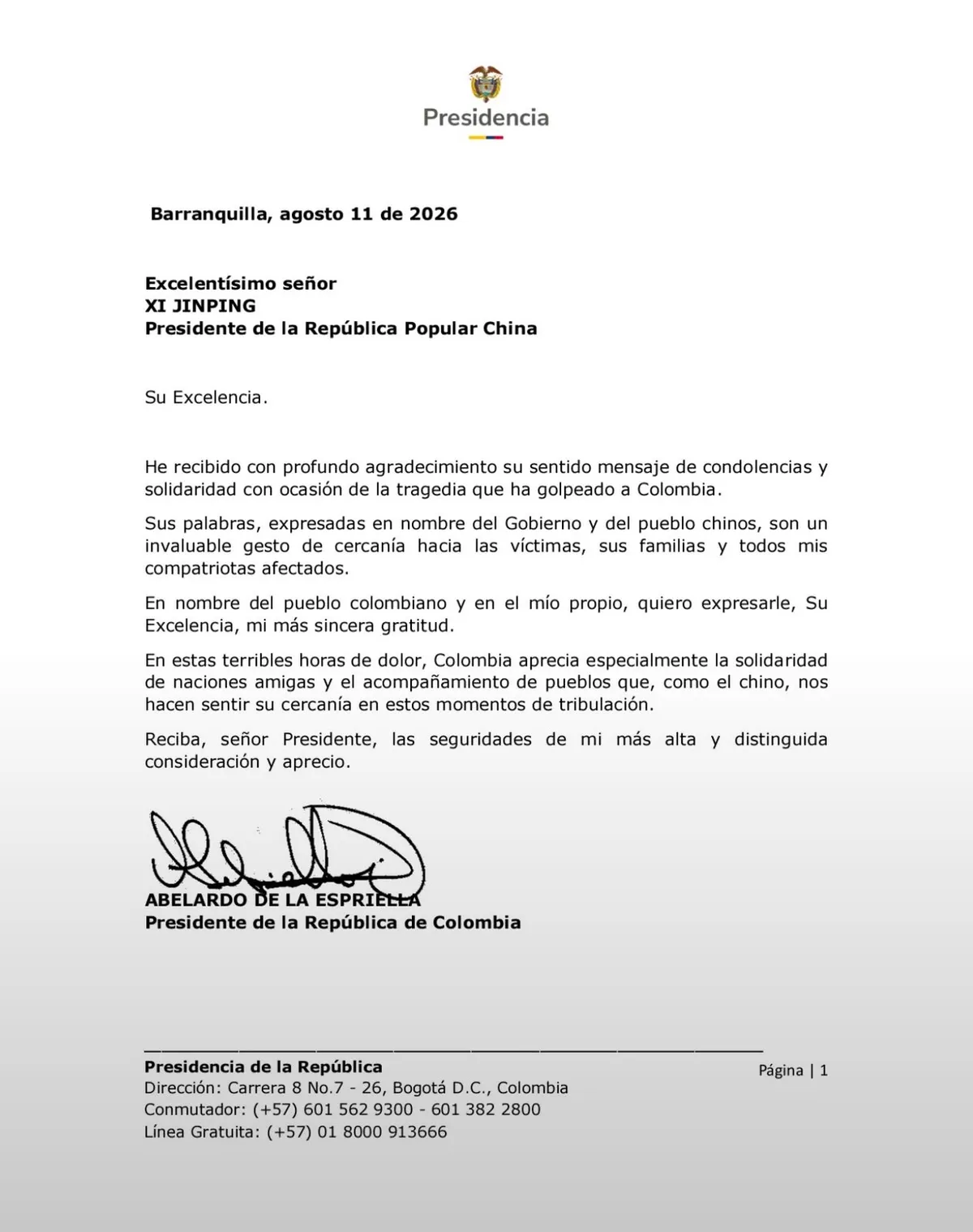 Abelardo De La Espriella agradeció a Xi Jinping su mensaje de solidaridad con Colombia tras la tragedia