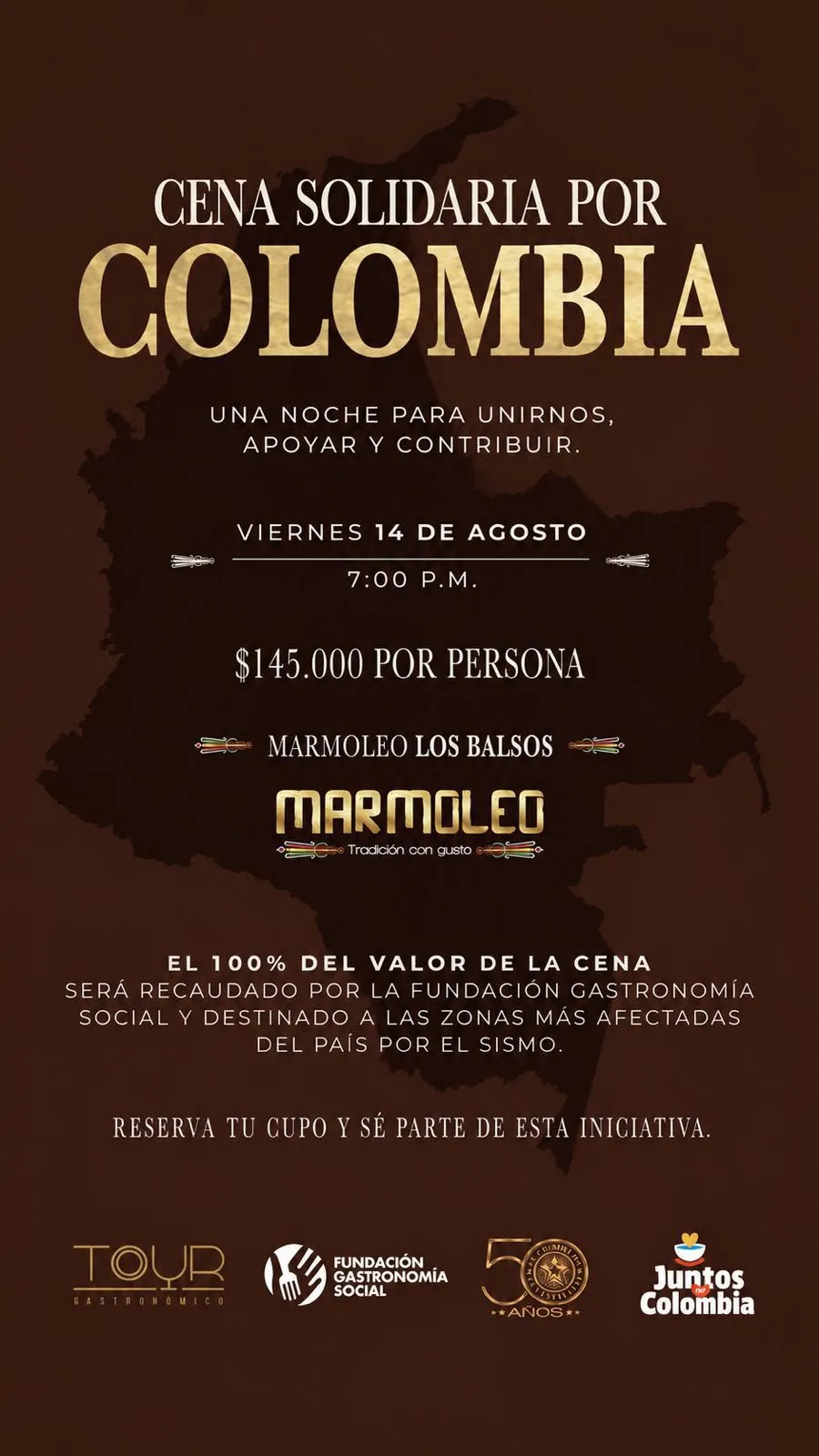 Restaurante Marmoleo realizará una Cena Solidaria por Colombia para apoyar a las zonas afectadas por el terremoto