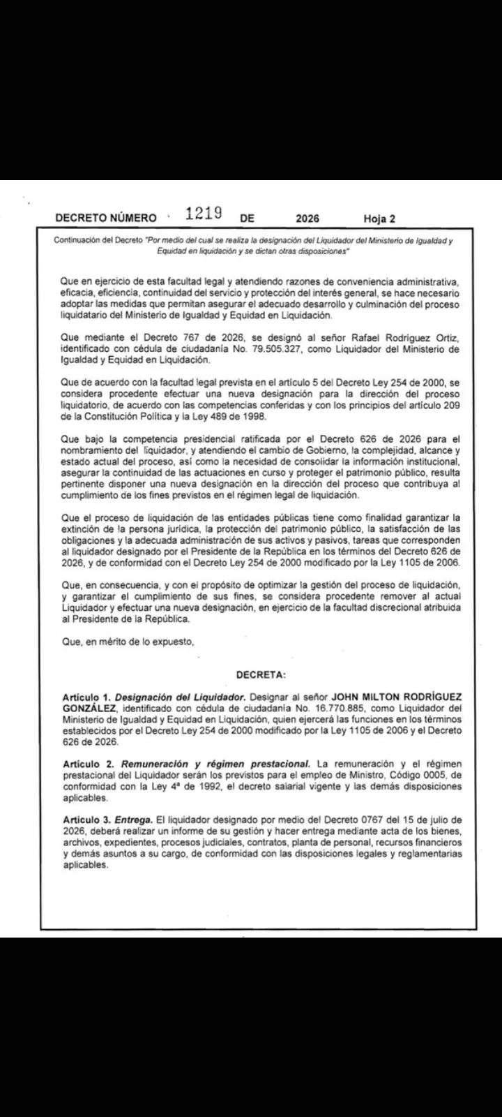 John Milton Rodríguez asumirá la liquidación del Ministerio de la Igualdad por decisión del Gobierno