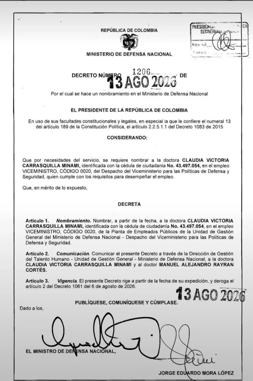 Gobierno nacional expidió decreto con el nombramiento de Claudia Carrasquilla como viceministra de Políticas de Defensa y Seguridad