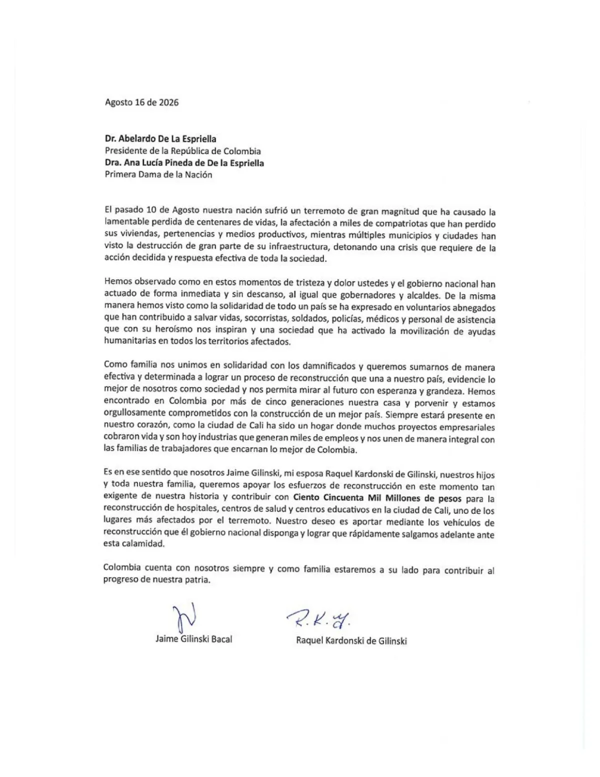 Esta es la carta con la que la familia Gilinski anunció una donación de $150.000 millones para Cali