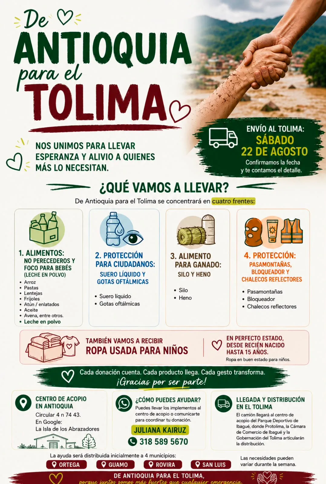 Comunidad Liderario se moviliza desde Antioquia para llevar ayudas a las comunidades afectadas por los incendios en el Tolima