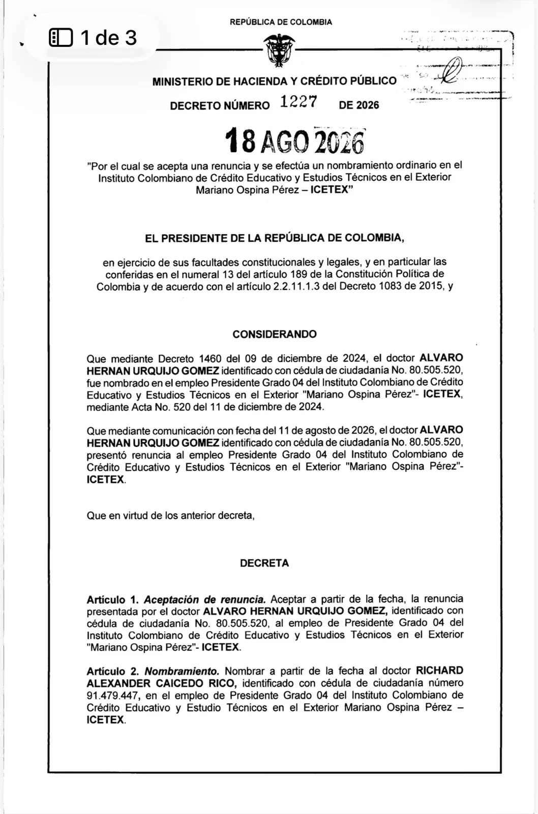 Richard Alexander Caicedo Rico asumió como nuevo presidente del Icetex durante el gobierno de Abelardo De La Espriella