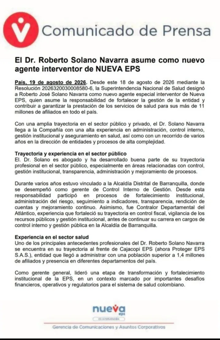 Roberto Solano Navarro asumió como agente interventor de Nueva EPS y aseguró que no busca liquidar la entidad