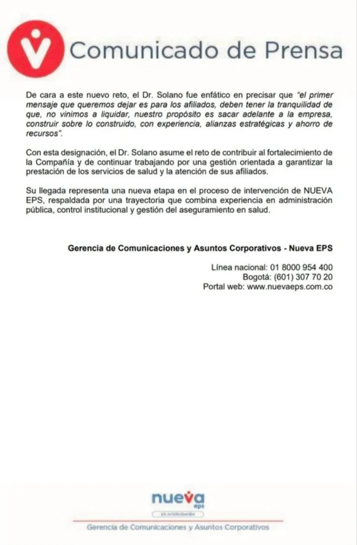 Roberto Solano Navarro asumió como agente interventor de Nueva EPS y aseguró que no busca liquidar la entidad