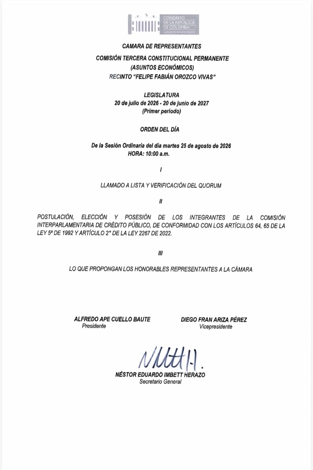 Comisión Tercera de la Cámara citó a sesión este 25 de agosto para elegir integrantes de Crédito Público