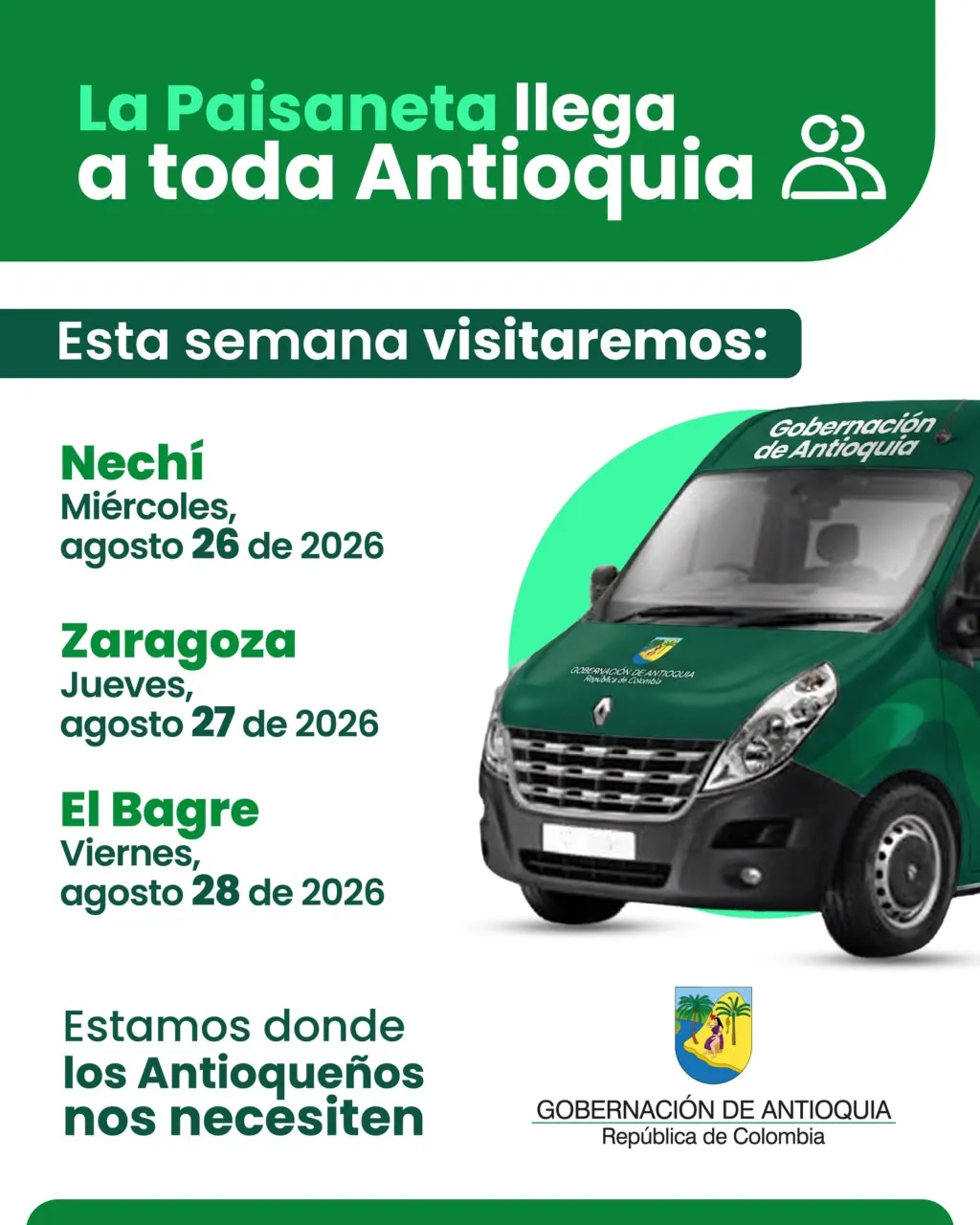 La Paisaneta llega a 67 municipios y acerca los servicios de la Gobernación de Antioquia a 33.000 ciudadanos