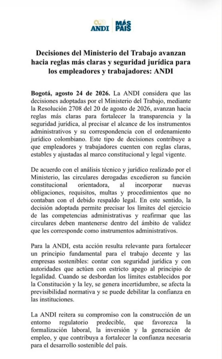 Gremio empresarial destacó decisión que modifica lineamientos sobre jornada laboral y horas extra