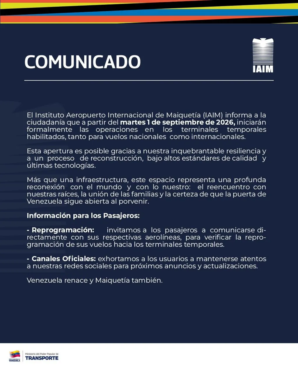 Aeropuerto de Maiquetía anunció reapertura de terminales temporales para vuelos nacionales e internacionales desde el 1 de septiembre