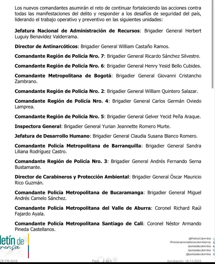 Policía confirmó nuevos comandantes para regiones metropolitanas y departamentos