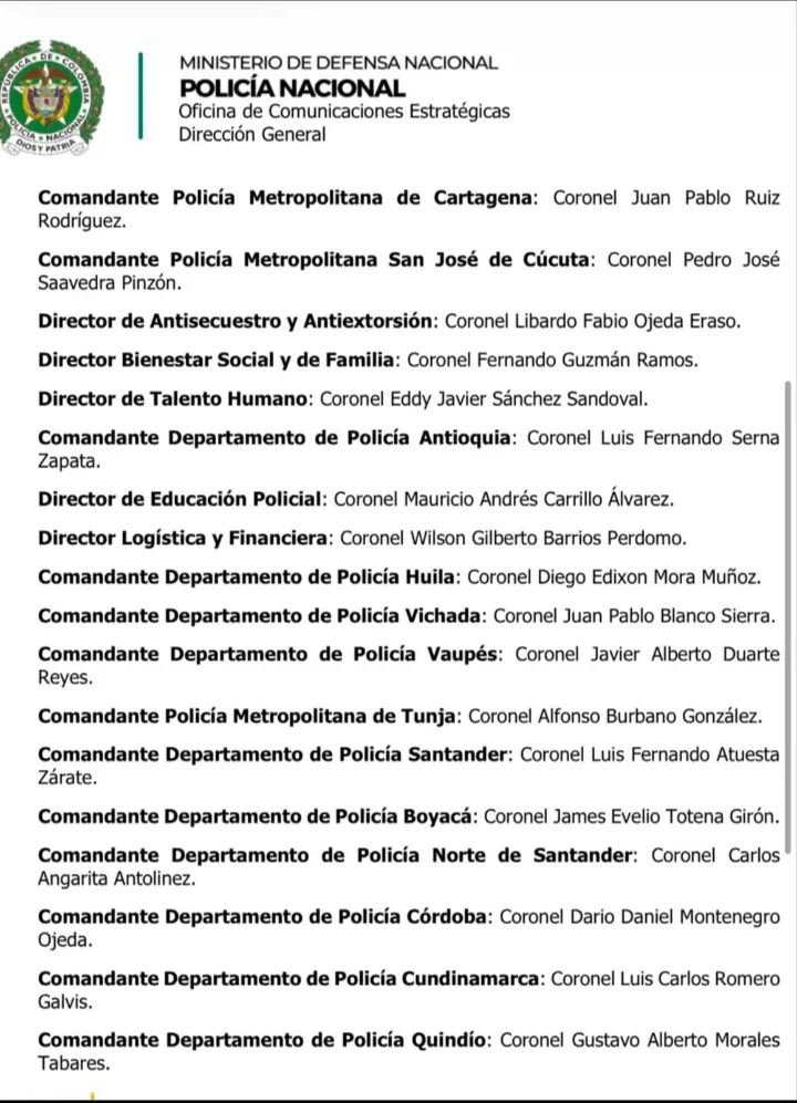 Policía confirmó nuevos comandantes para regiones metropolitanas y departamentos