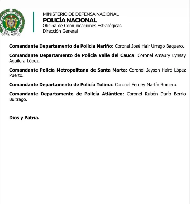 Policía confirmó nuevos comandantes para regiones metropolitanas y departamentos