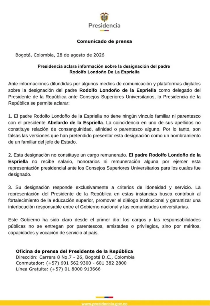 

Presidencia aseguró que padre Rodolfo Londoño no es familiar del mandatario Abelardo De la Espriella