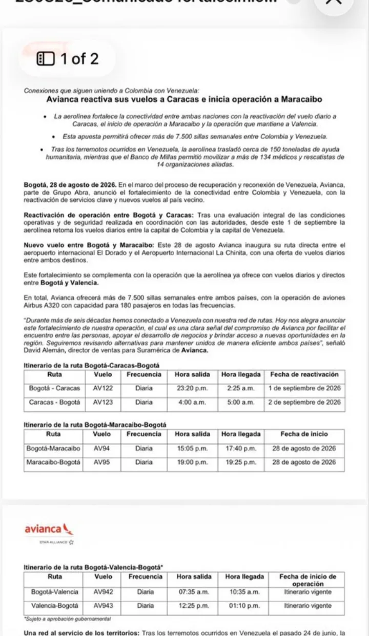 Avianca amplió su operación en Venezuela con nueva ruta Bogotá-Maracaibo
