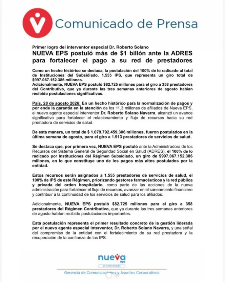 Más de $1,07 billones fueron postulados por Nueva EPS para el pago a 1.913 prestadores de salud
