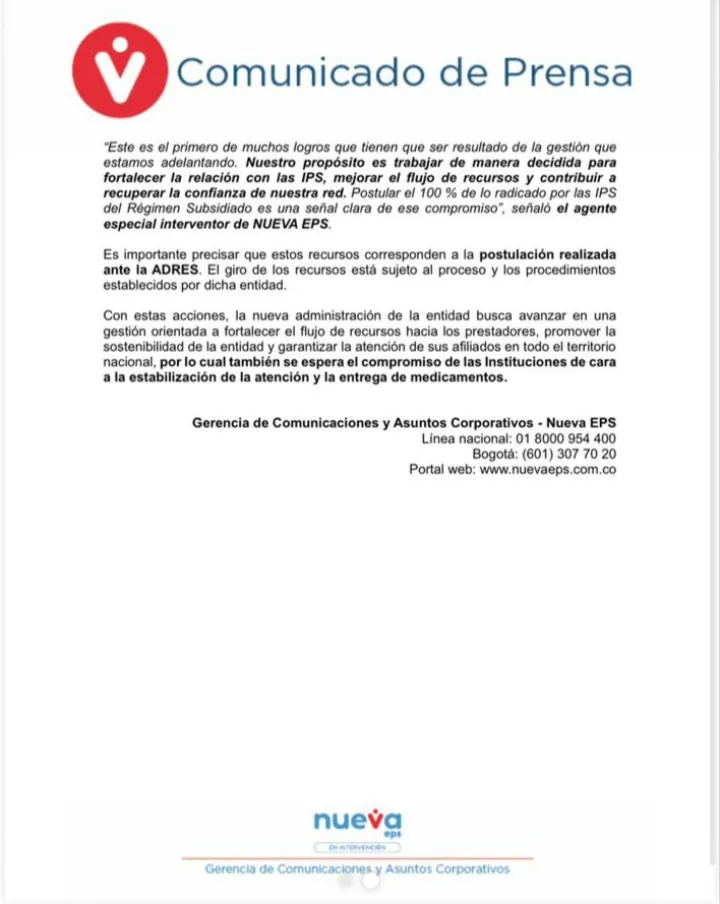 Más de $1,07 billones fueron postulados por Nueva EPS para el pago a 1.913 prestadores de salud