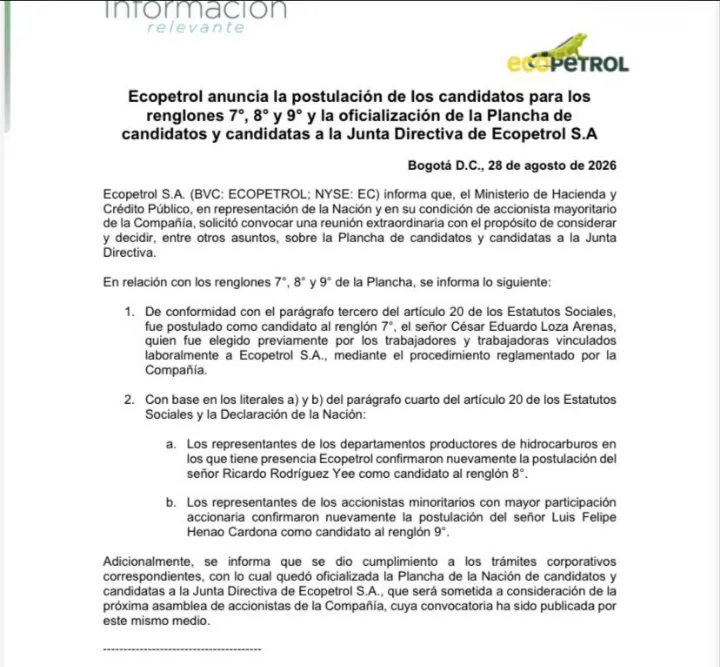 Asamblea de Ecopetrol definirá el 15 de septiembre la nueva composición de su Junta Directiva