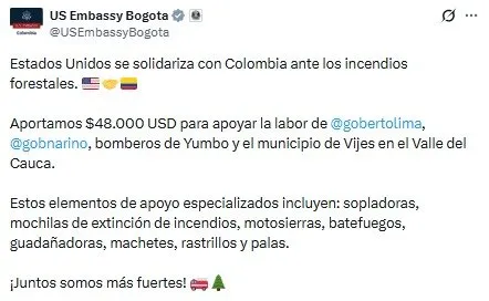 Estados Unidos aportó US$48.000 para apoyar atención de incendios forestales en el Valle del Cauca