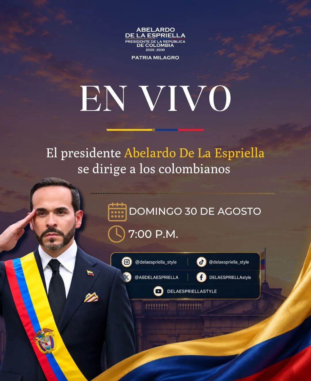 Abelardo De La Espriella se dirigirá a los colombianos este domingo 30 de agosto