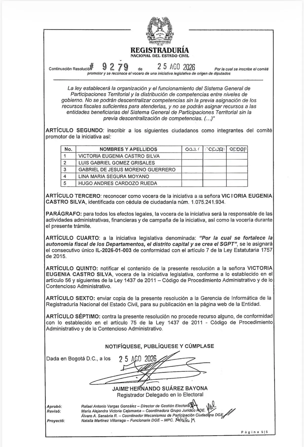 Reconocido comité promotor para acto legislativo sobre autonomía regional