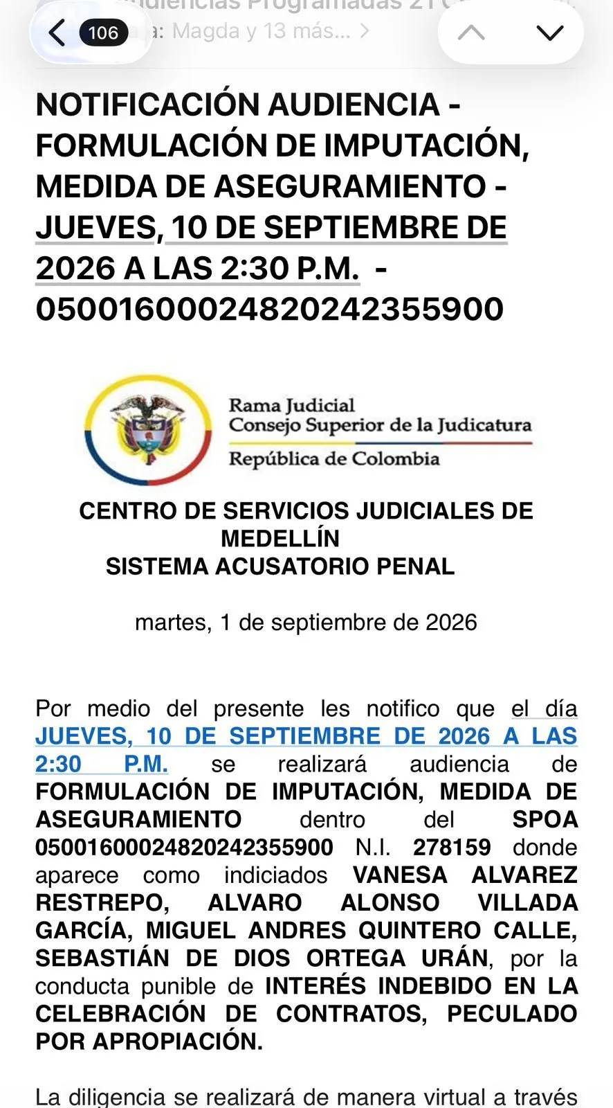 Nueva fecha para audiencia de imputación contra Miguel Quintero por presunto interés indebido en la celebración de contratos