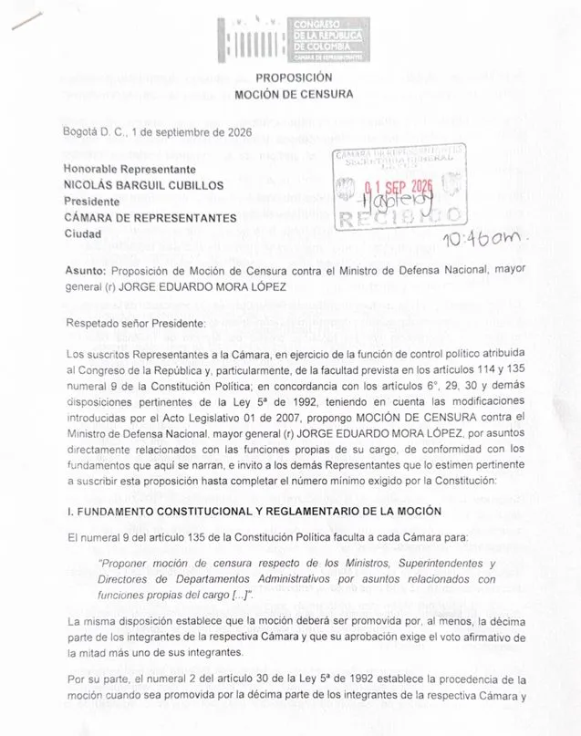 Radicaron moción de censura contra el ministro de Defensa, general José Eduardo Mora López, en la Cámara de Representantes
