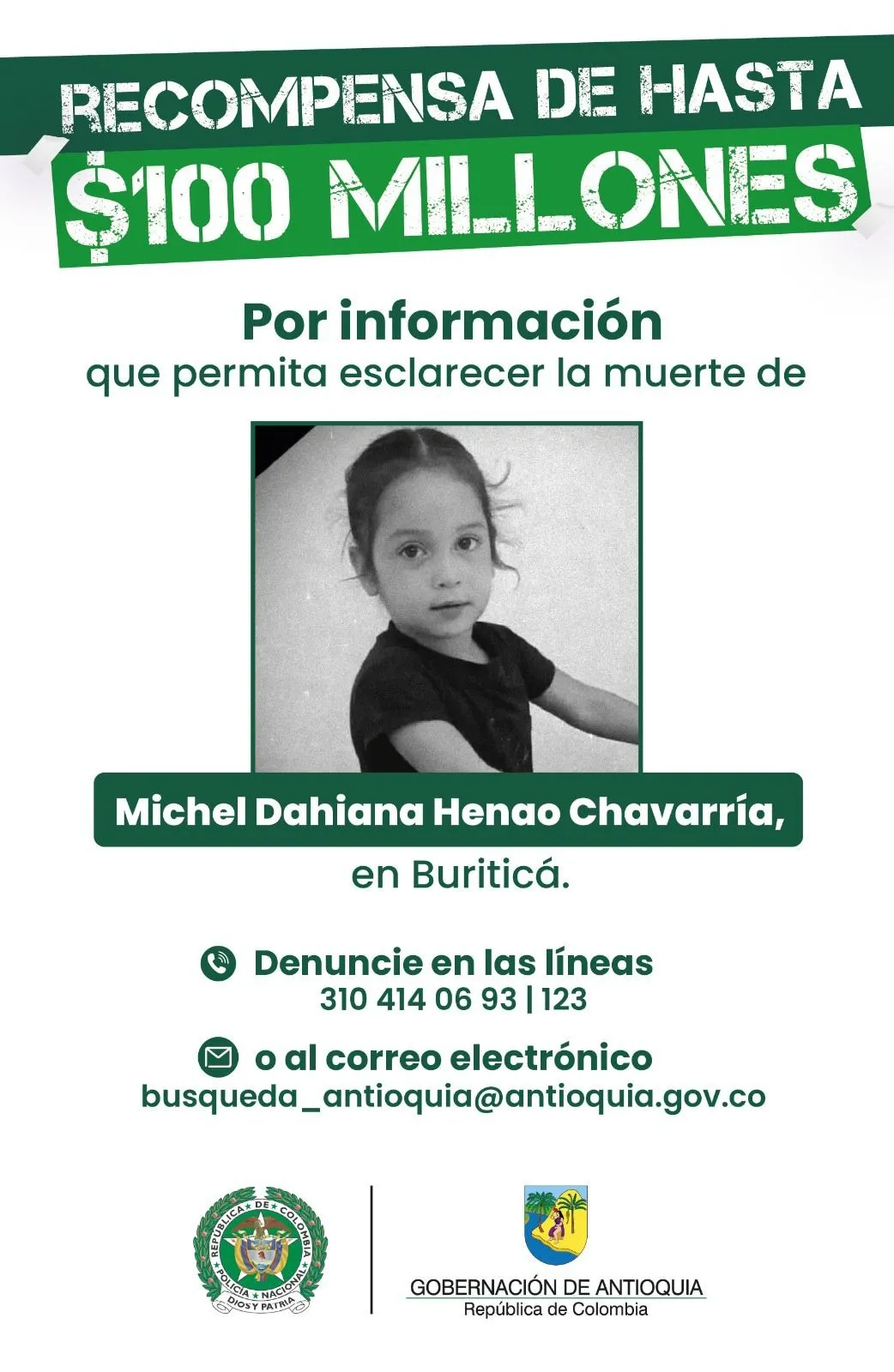 Gobernación de Antioquia elevó a $100 millones la recompensa por información sobre el caso de Michel Dahiana