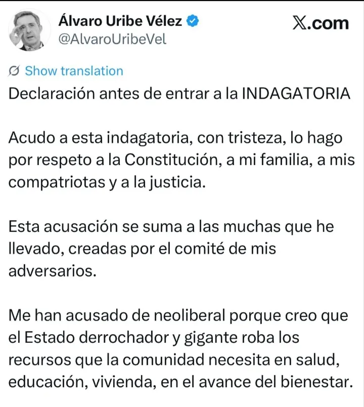 Expresidente Uribe defendió su trayectoria política durante indagatoria por El Aro y La Granja