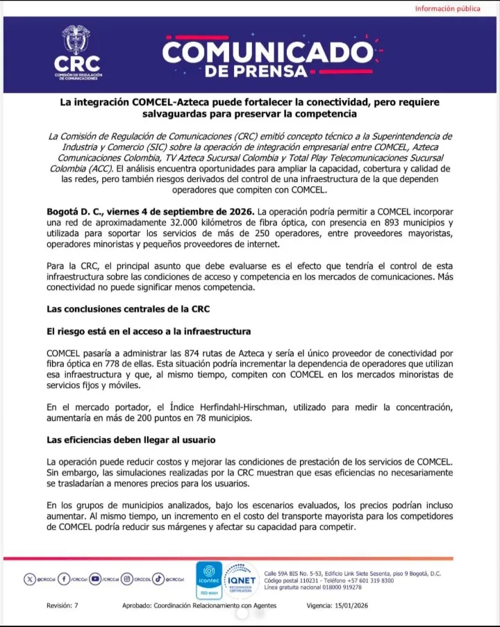 CRC pidió condiciones para que integración de Claro y Azteca no afecte a competidores ni usuarios
