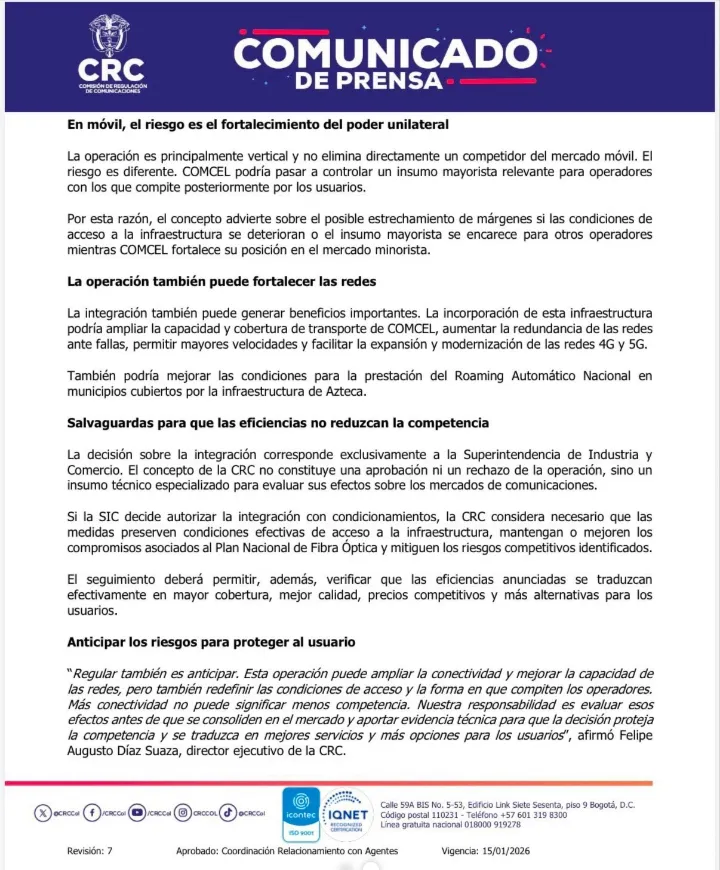 CRC pidió condiciones para que integración de Claro y Azteca no afecte a competidores ni usuarios