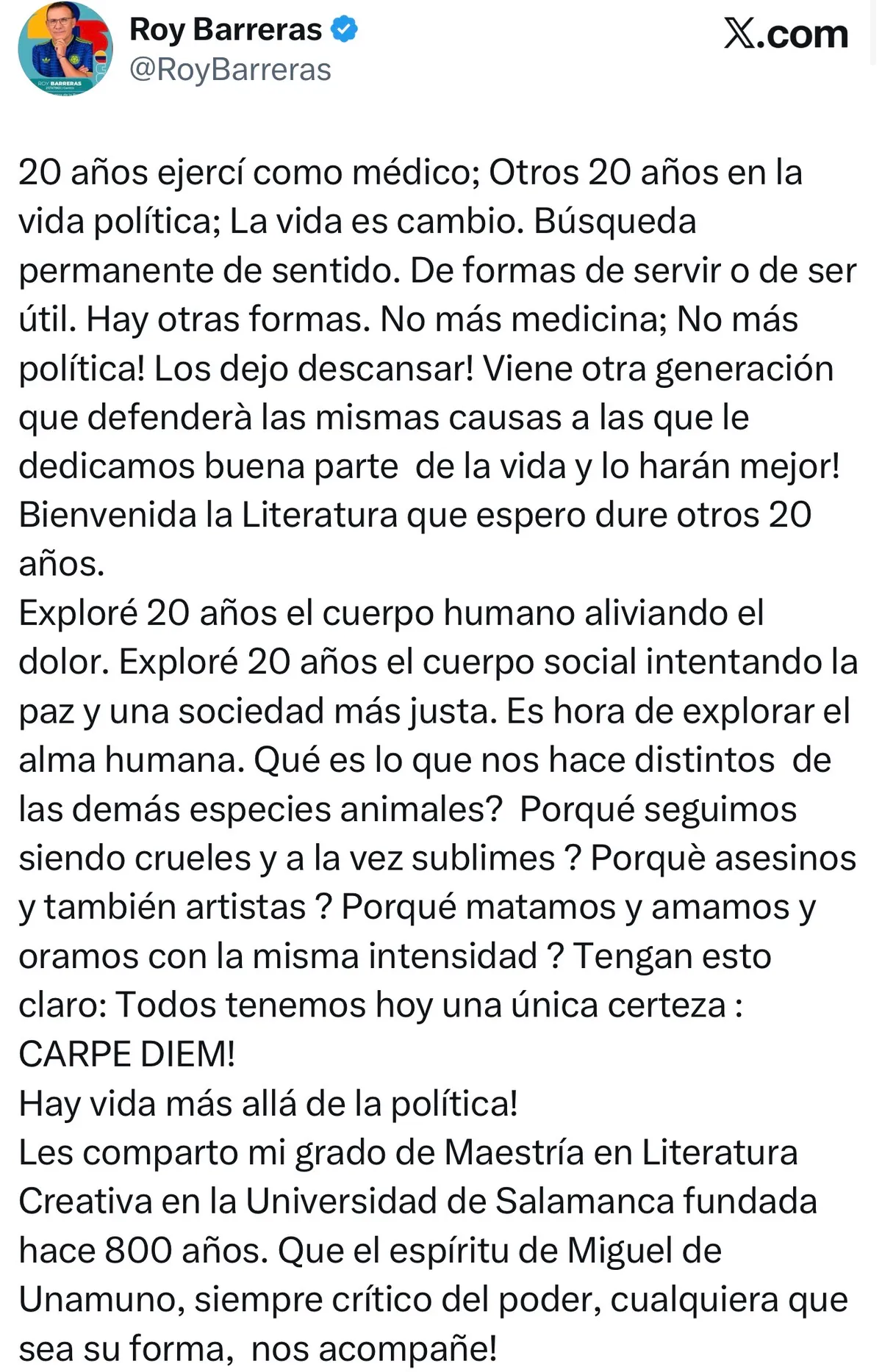 Roy Barreras anunció su retiro de la política y emprenderá un nuevo camino en la literatura