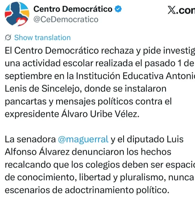 Polémica en colegio de Sincelejo por exhibición de mensajes políticos contra expresidente Álvaro Uribe