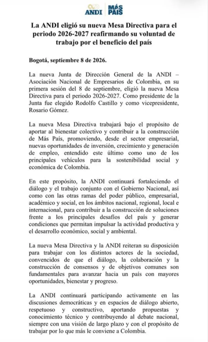 Rodolfo Castillo y Rosario Gómez encabezarán la Junta Directiva de la ANDI durante 2026-2027