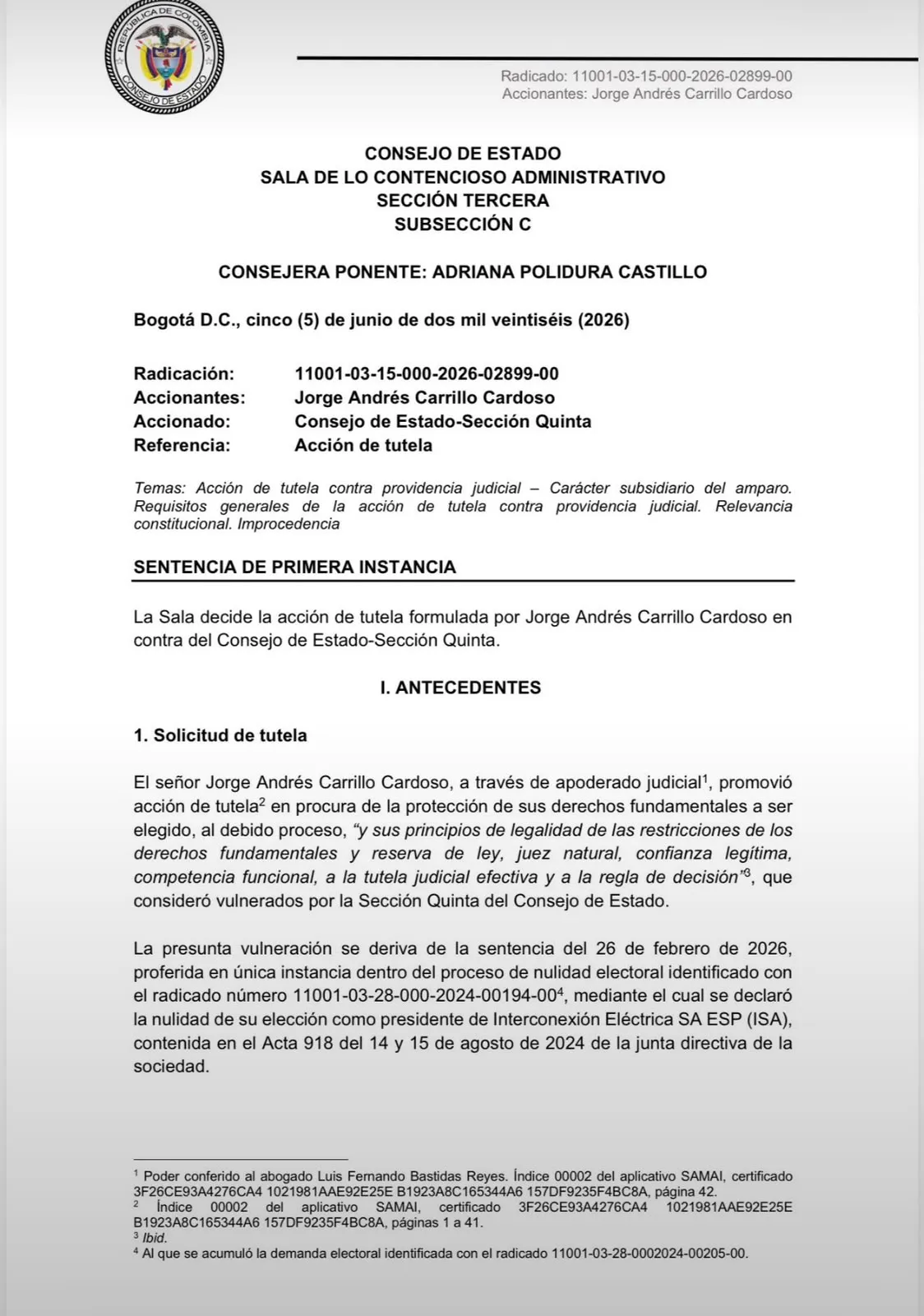 Consejo de Estado mantiene vigente la decisión que anuló elección de Jorge Carrillo en ISA
