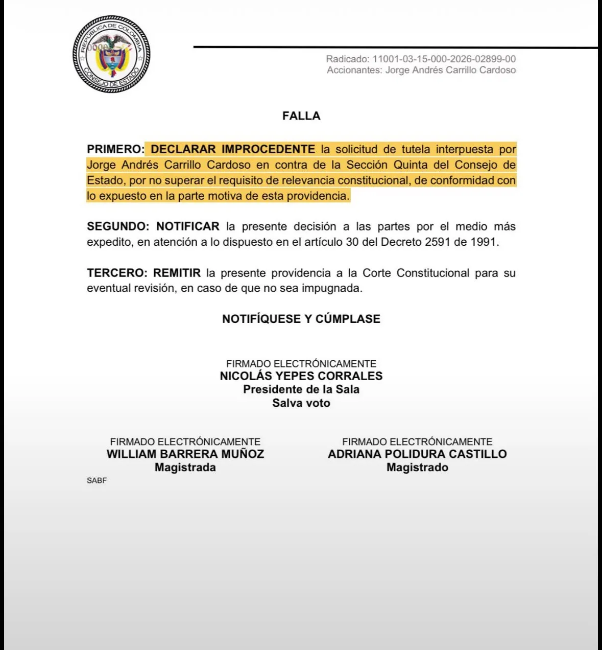 Consejo de Estado mantiene vigente la decisión que anuló elección de Jorge Carrillo en ISA