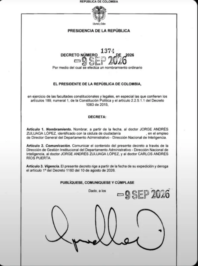 Decreto 1374 oficializó el nombramiento de Jorge Andrés Zuluaga como director de Inteligencia