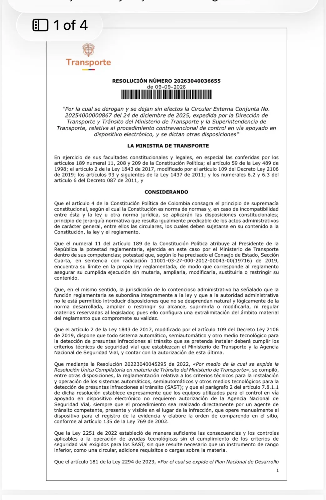 Resolución del Ministerio de Transporte deja sin efectos circular sobre control en vía con dispositivos electrónicos