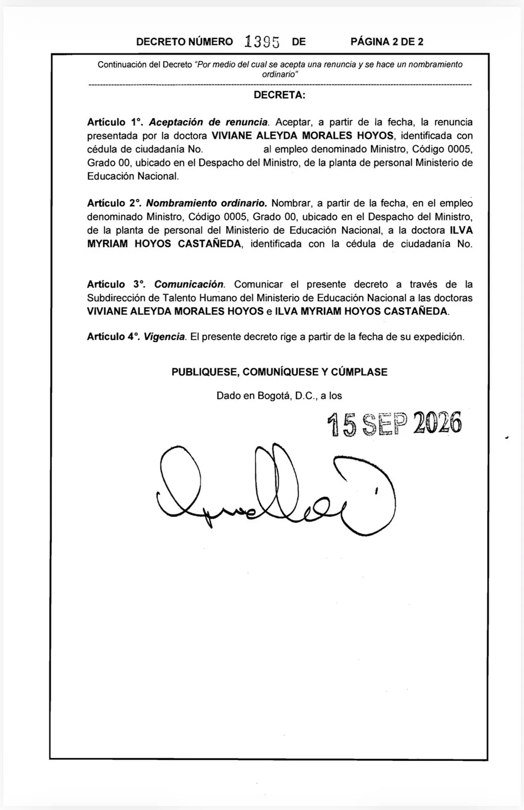 Gobierno oficializó la salida de Viviane Aleydа Morales