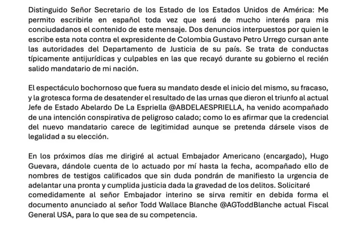 Leyva envía carta a Marco Rubio y cuestiona a Gustavo Petro: habla de “espectáculo bochornoso” e “intención conspirativa de peligroso calado”
