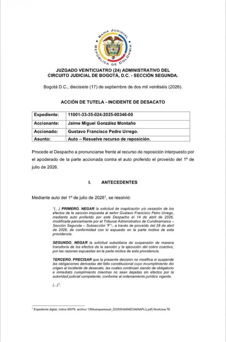 Juzgado 24 ratifica sanción contra Gustavo Petro por señalamientos a expresidente de Coosalud
