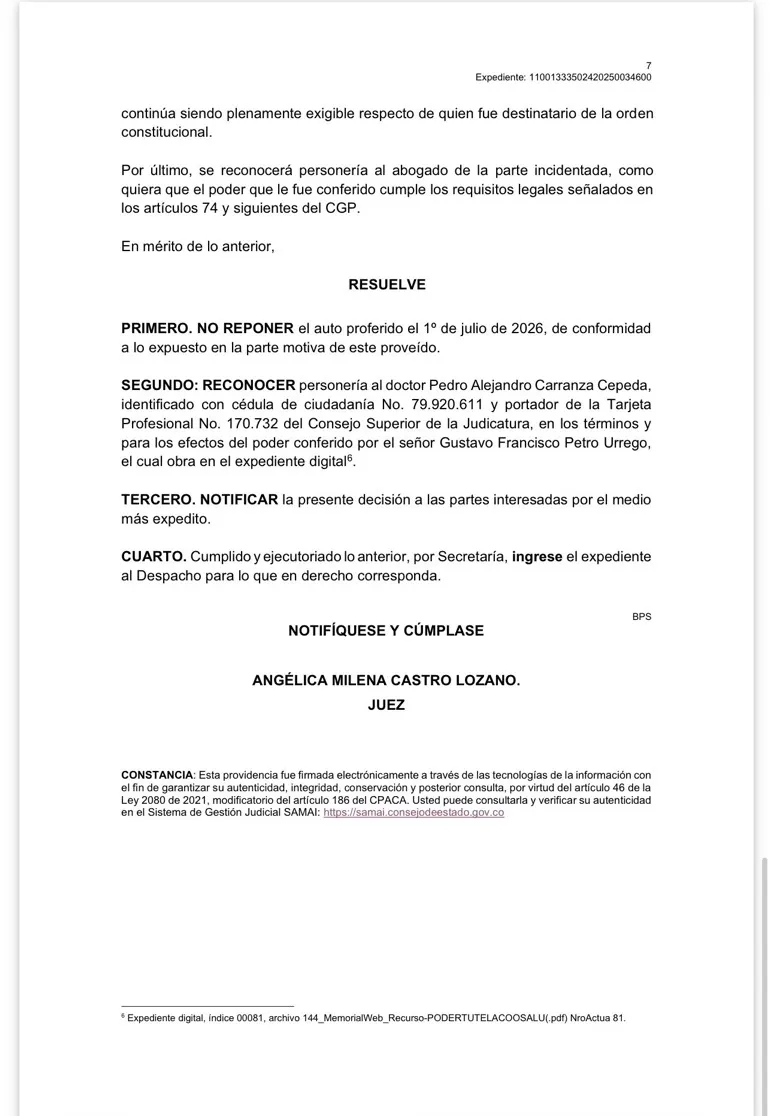 Juzgado 24 ratifica sanción contra Gustavo Petro por señalamientos a expresidente de Coosalud