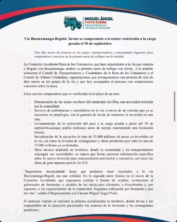 Carga pesada podría volver a transitar sin restricción por la vía Bucaramanga-Bogotá desde el 30 de septiembre