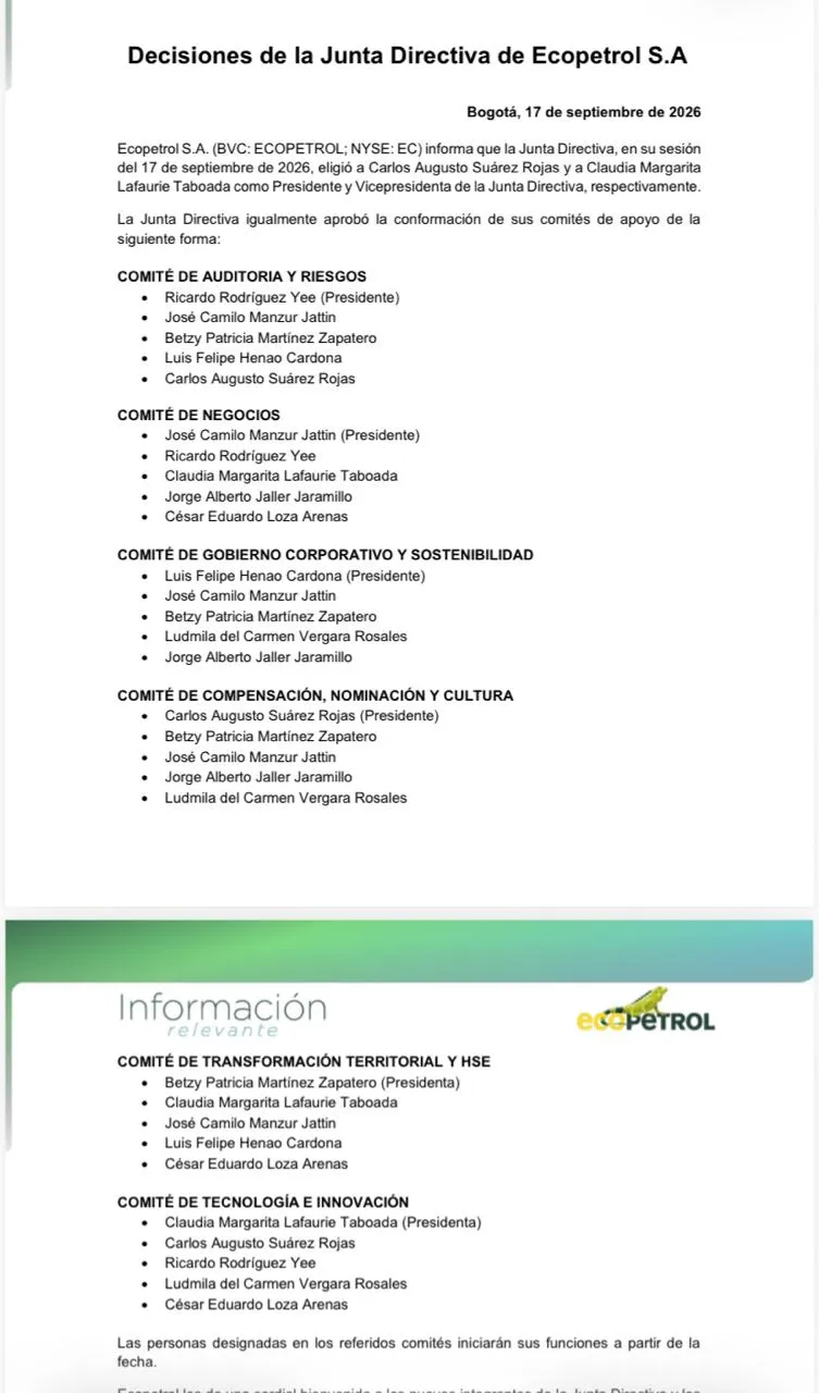 Ecopetrol definió la nueva presidencia de su Junta Directiva y la conformación de sus comités de apoyo