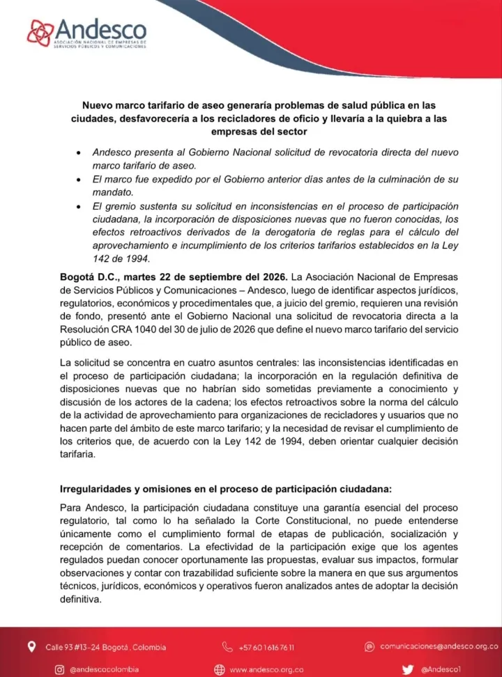 Andesco presentó solicitud de revocatoria contra el nuevo marco tarifario de aseo