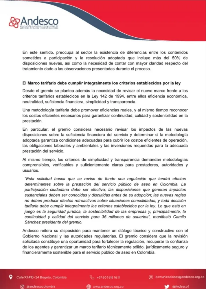 Andesco presentó solicitud de revocatoria contra el nuevo marco tarifario de aseo